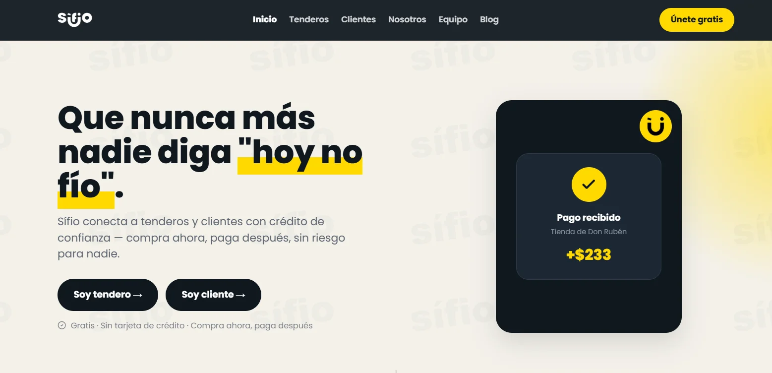 Sifio homepage: a trusted-credit platform connecting shopkeepers and customers